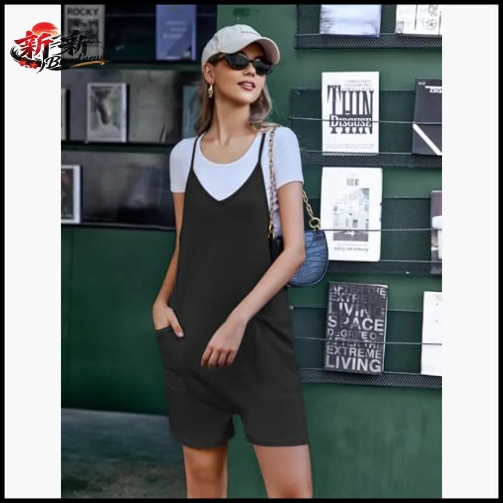 Polyester Blend Romper with Adjustable Straps and Pockets